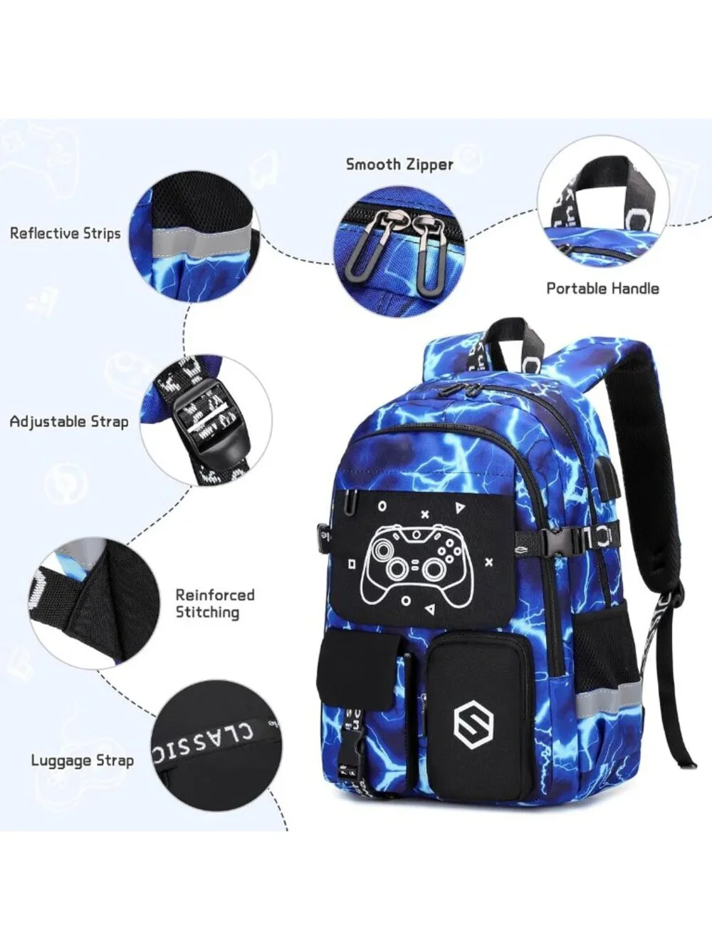 Luminous Boys Backpack Set with Lunch Bag & Pencil Case, USB Charging, School